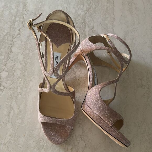 NEW Jimmy Choo Ballet Pink Shimmer Strappy High Heel Stiletto Sandals Size 40 EU - Picture 5 of 16